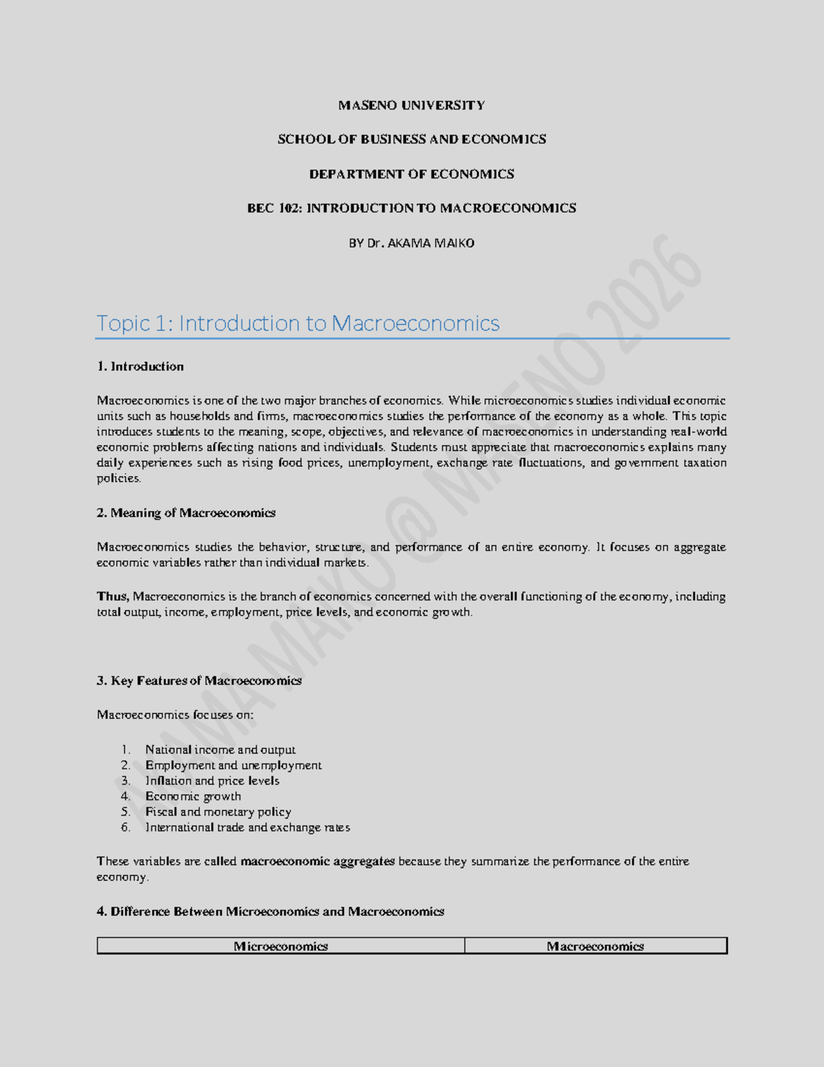 Lesson 1 & 2: BEC 102 Introduction to Macroeconomics Overview - Studocu