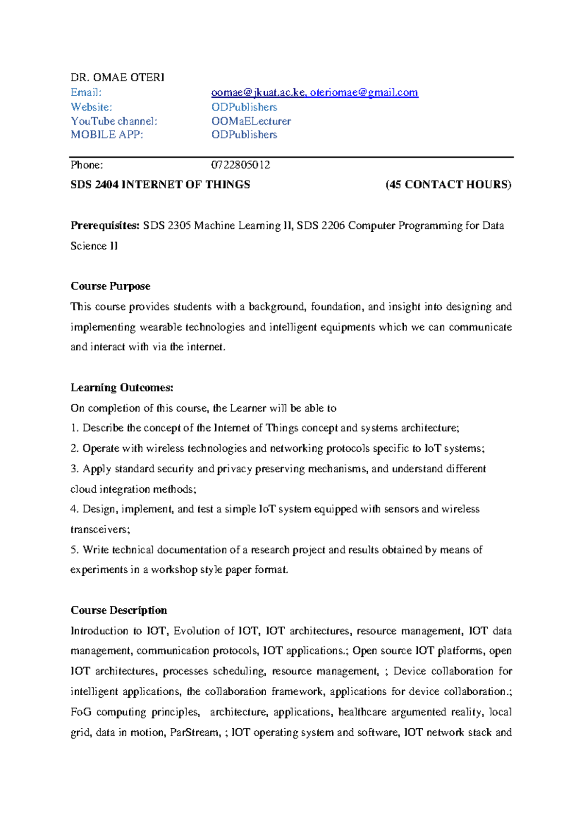 SDS 2404 Internet of Things Course Overview and Learning Outcomes - Studocu