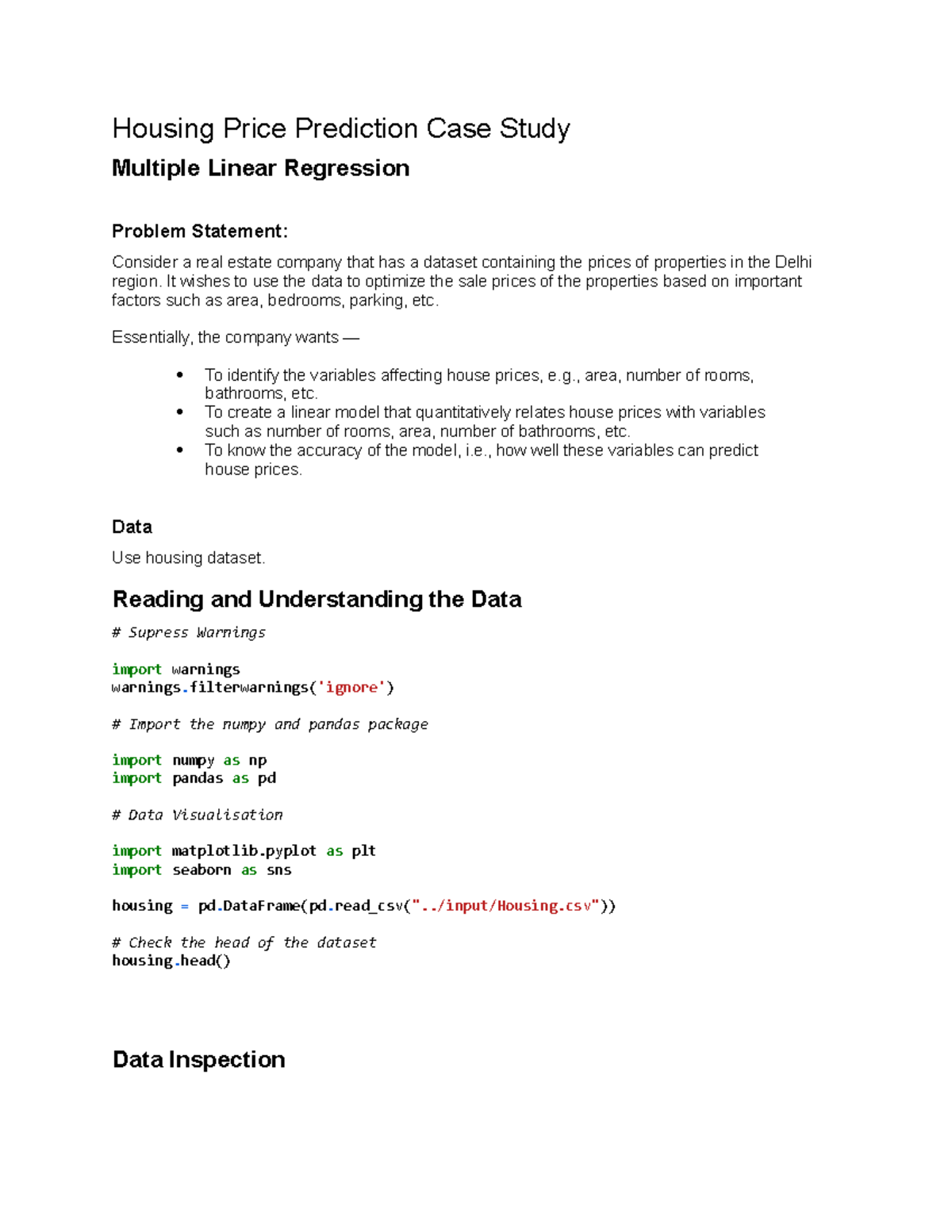 Housing Price Prediction Case Study (MATH 101) using Linear Regression ...