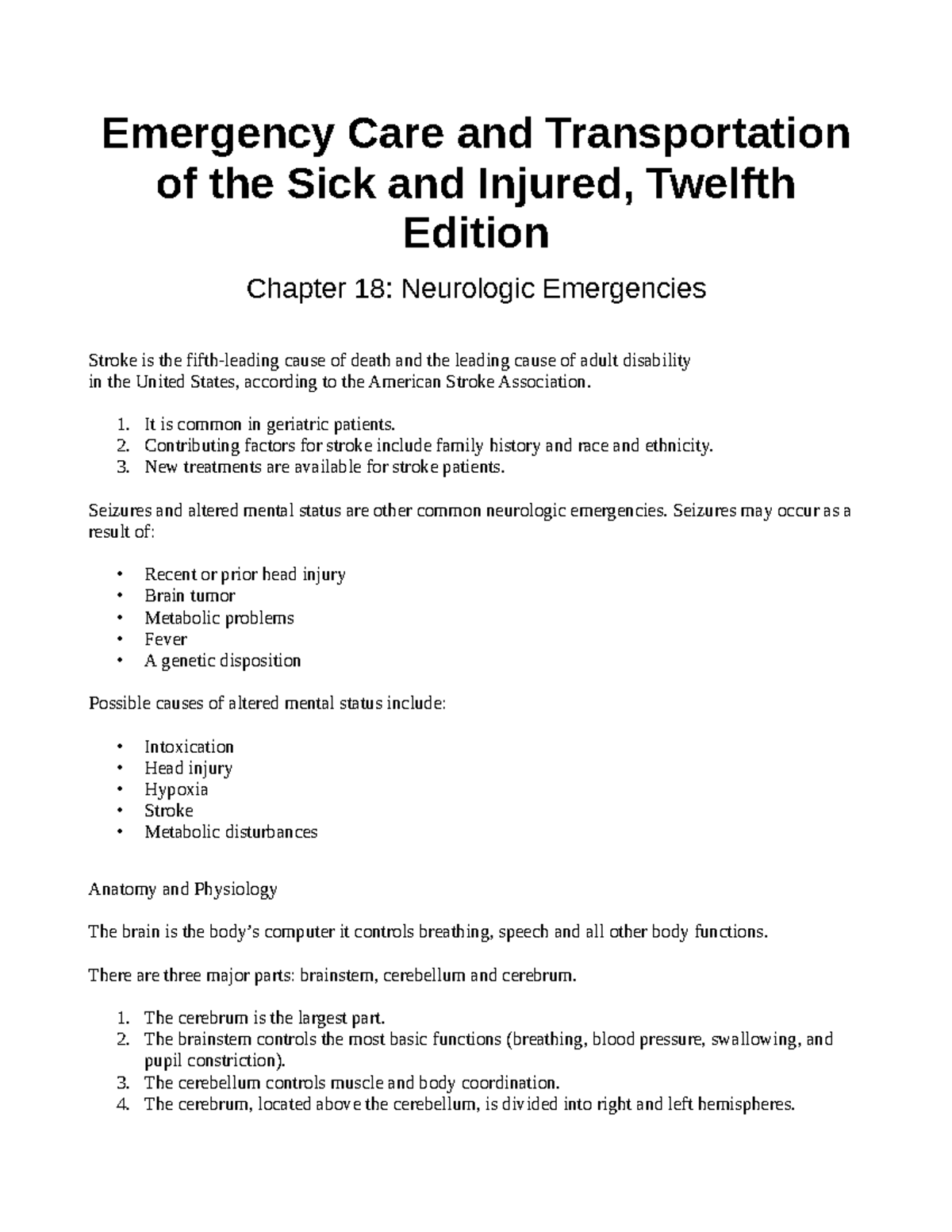EMT 101: Chapter 18 - Neurologic Emergencies Overview & Insights - Studocu