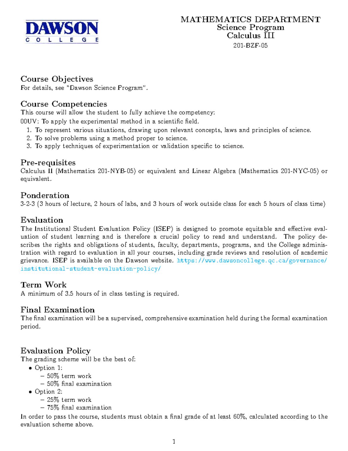 201-BZF-05 Winter 2025-1 Calculus II Course Objectives and Evaluation ...