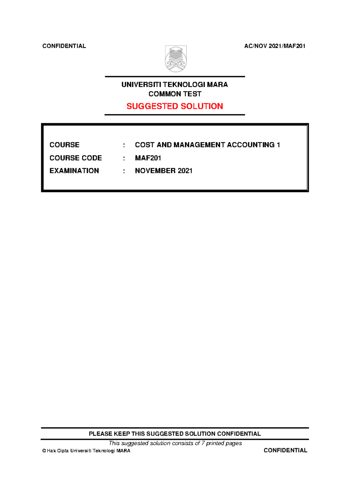 COMMON TEST MAF201 NOV2021 SOLUTION GUIDE FOR COST ACCOUNTING - Studocu