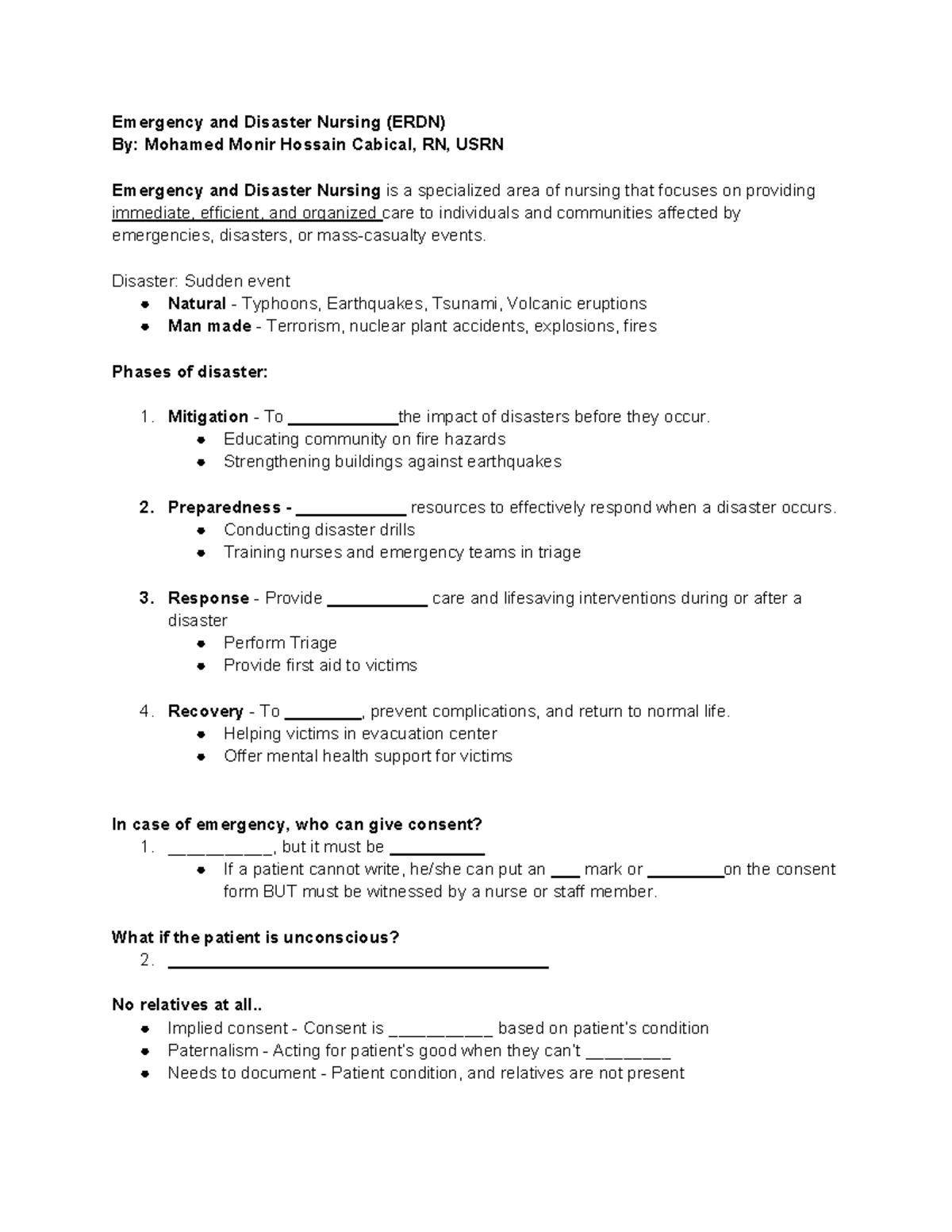 Emergency and Disaster Nursing (ERDN) Handouts by Mr. Cabical - Studocu