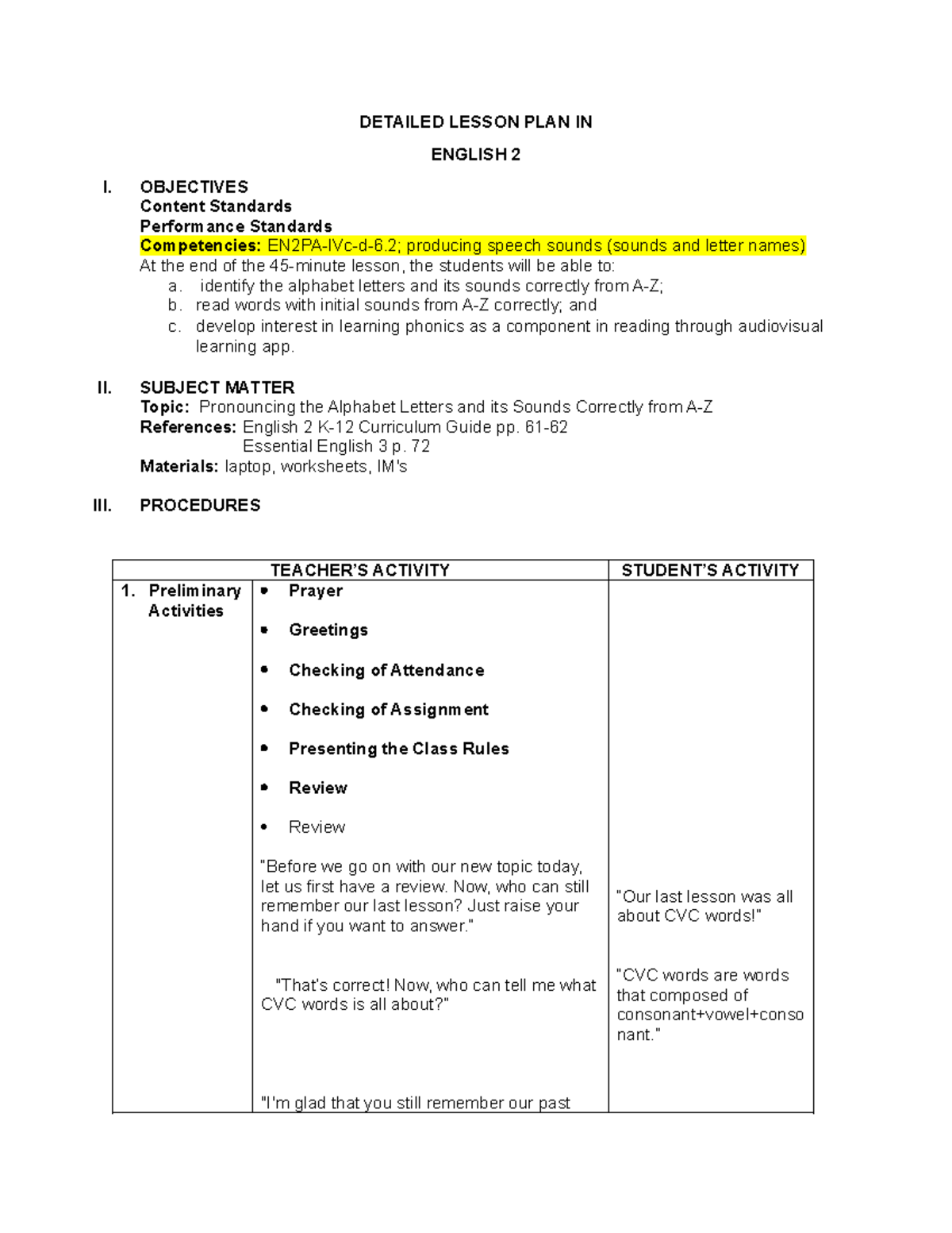 Detailed Lesson Plan: Pronouncing Alphabet Sounds - English 2 - Studocu