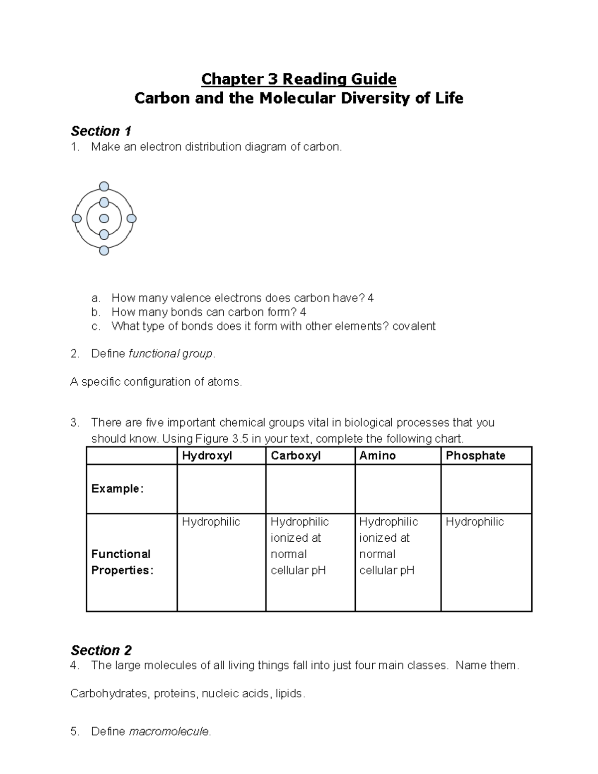 Honors Bio - Chapter 3: Carbon and Molecular Diversity Study Guide ...