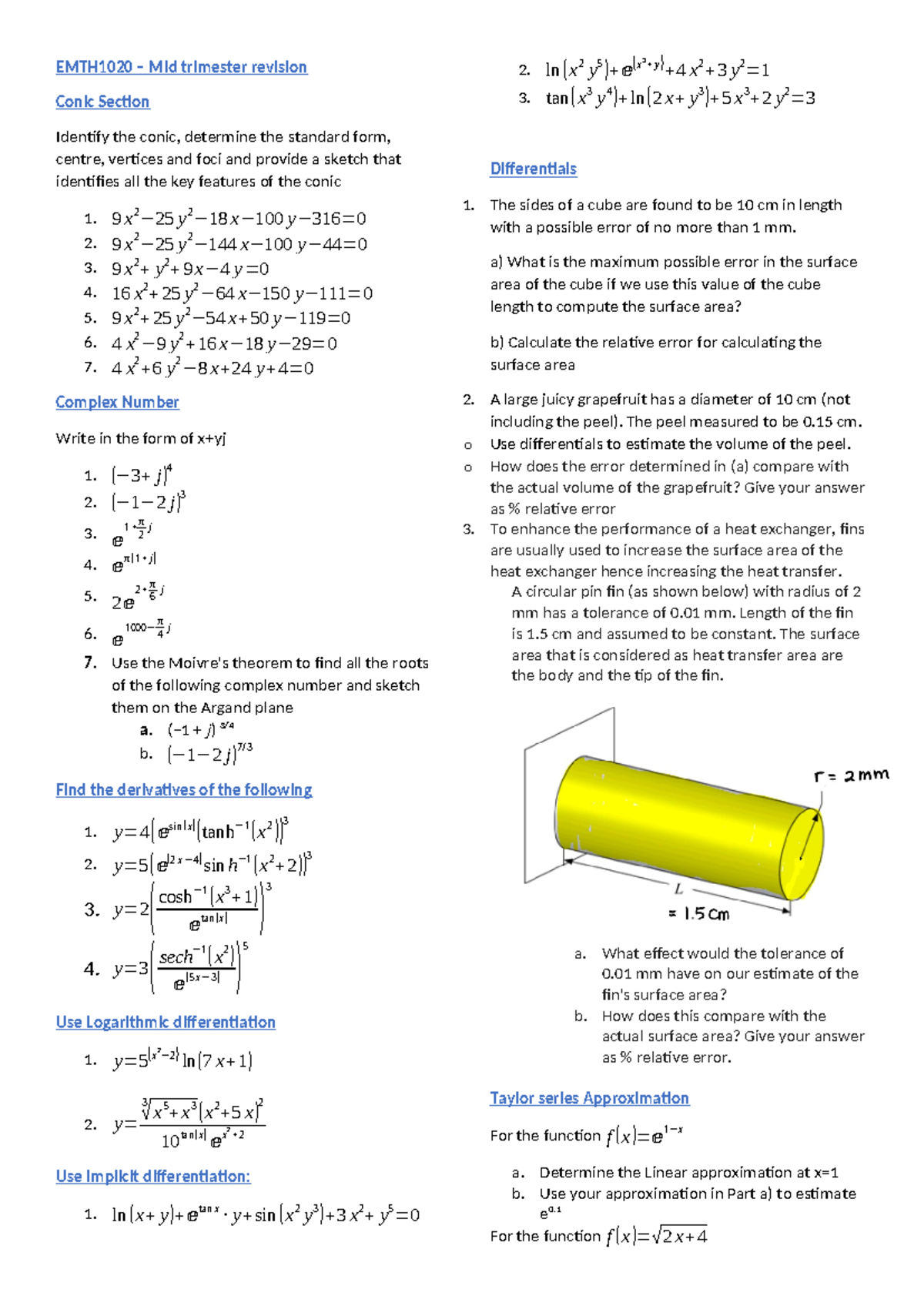 EMTH1020 Midterm Revision Sheet: Conics, Complex Numbers ...