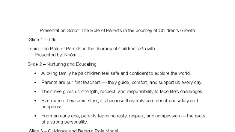 Presentation Script: The Role of Parents in Child Growth - Studocu