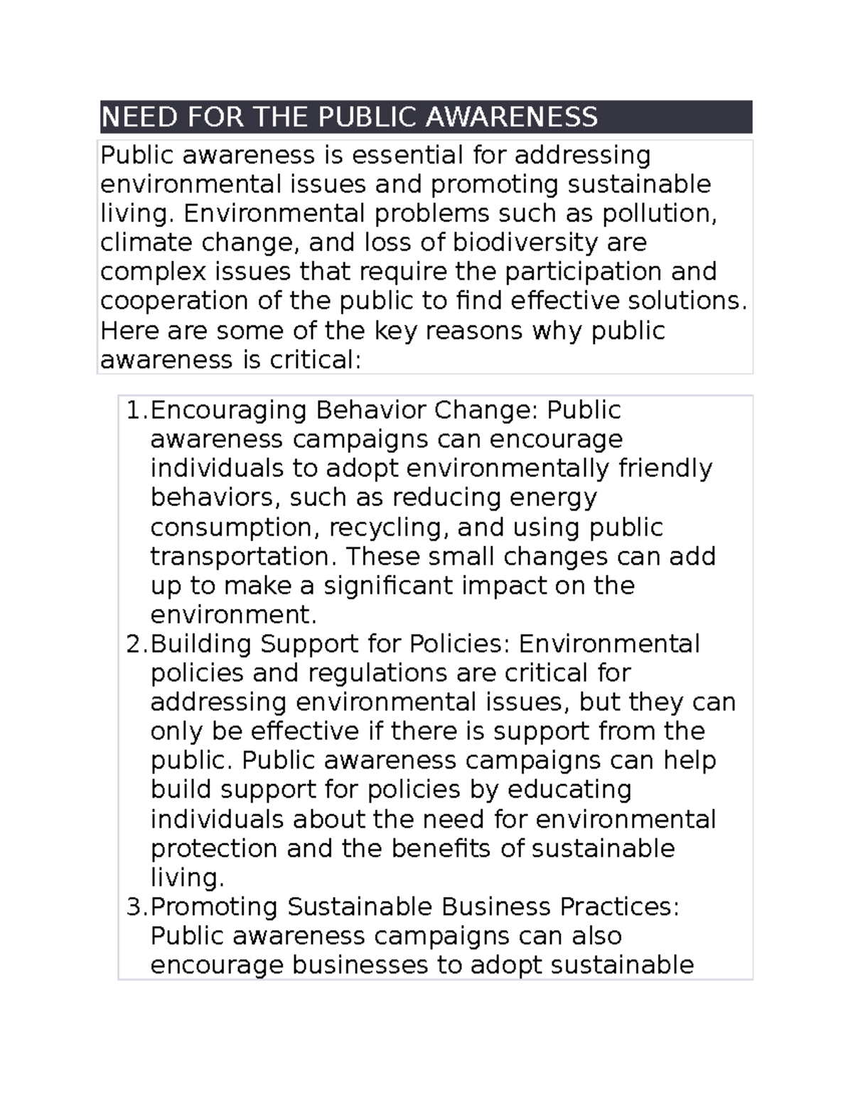 Need for public - NEED FOR THE PUBLIC AWARENESS Public awareness is ...
