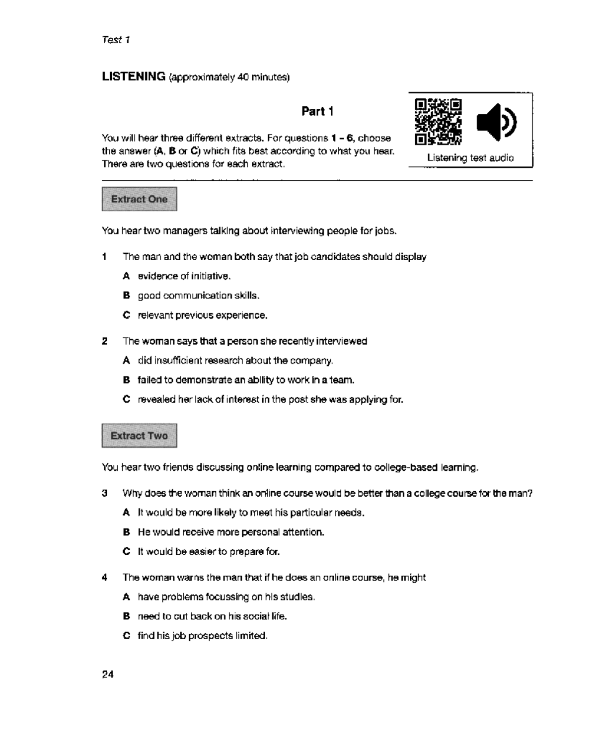 Listening CAE Test 1: Parts 1, 2, and 4 Overview - Studocu