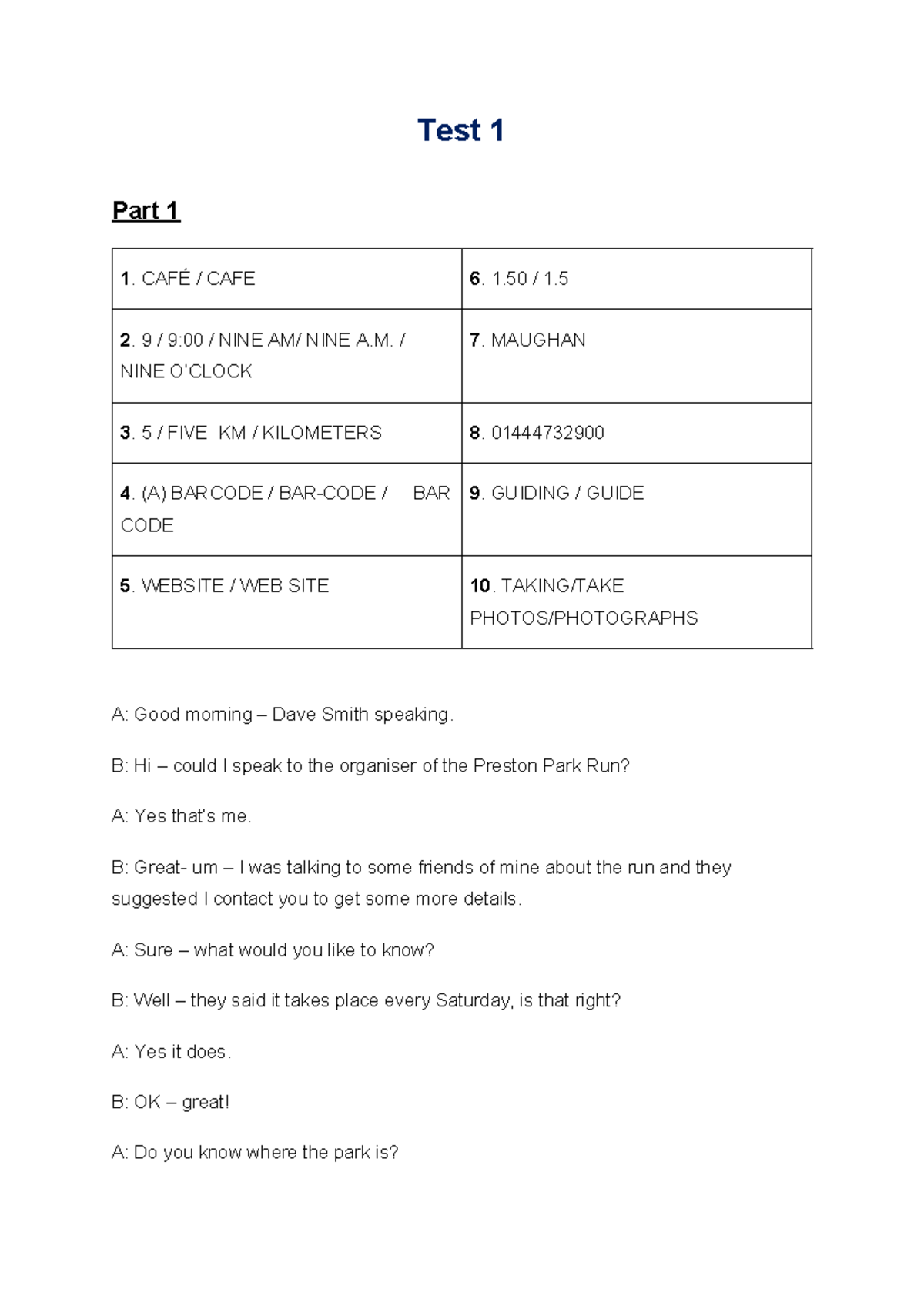 Test 1 - Key & Transcript for Course Code CAFÉ CAFE - Studocu