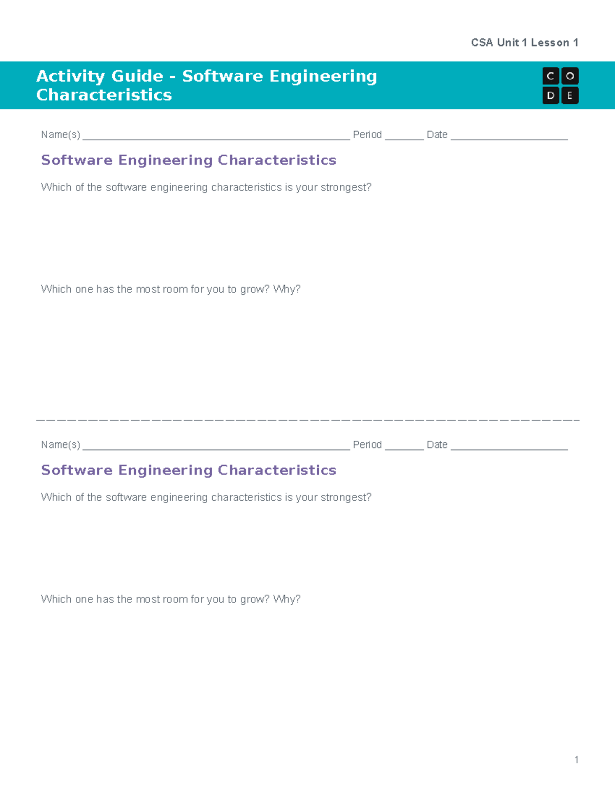 CSA U1L1 Software Engineering Characteristics - CSA Unit 1 Lesson 1 ...