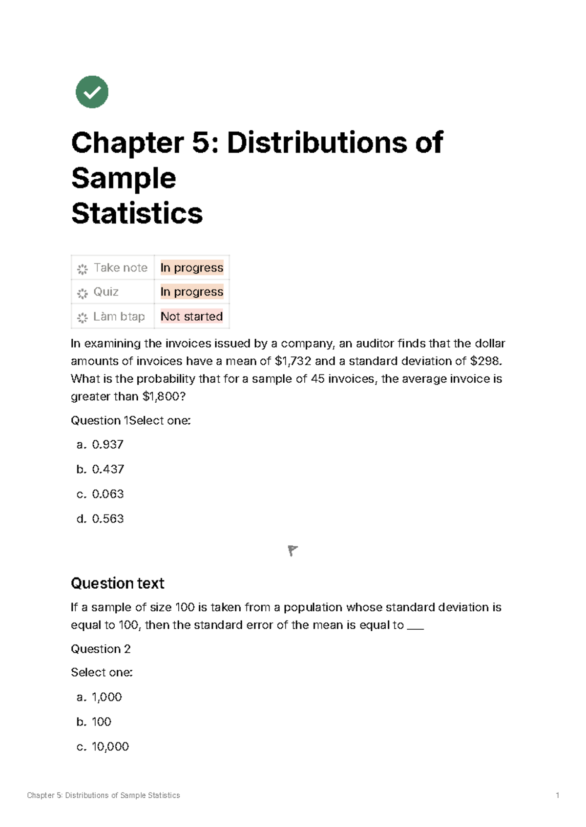 Quiz STT 5: Distributions of Sample Statistics and Sampling - Studocu