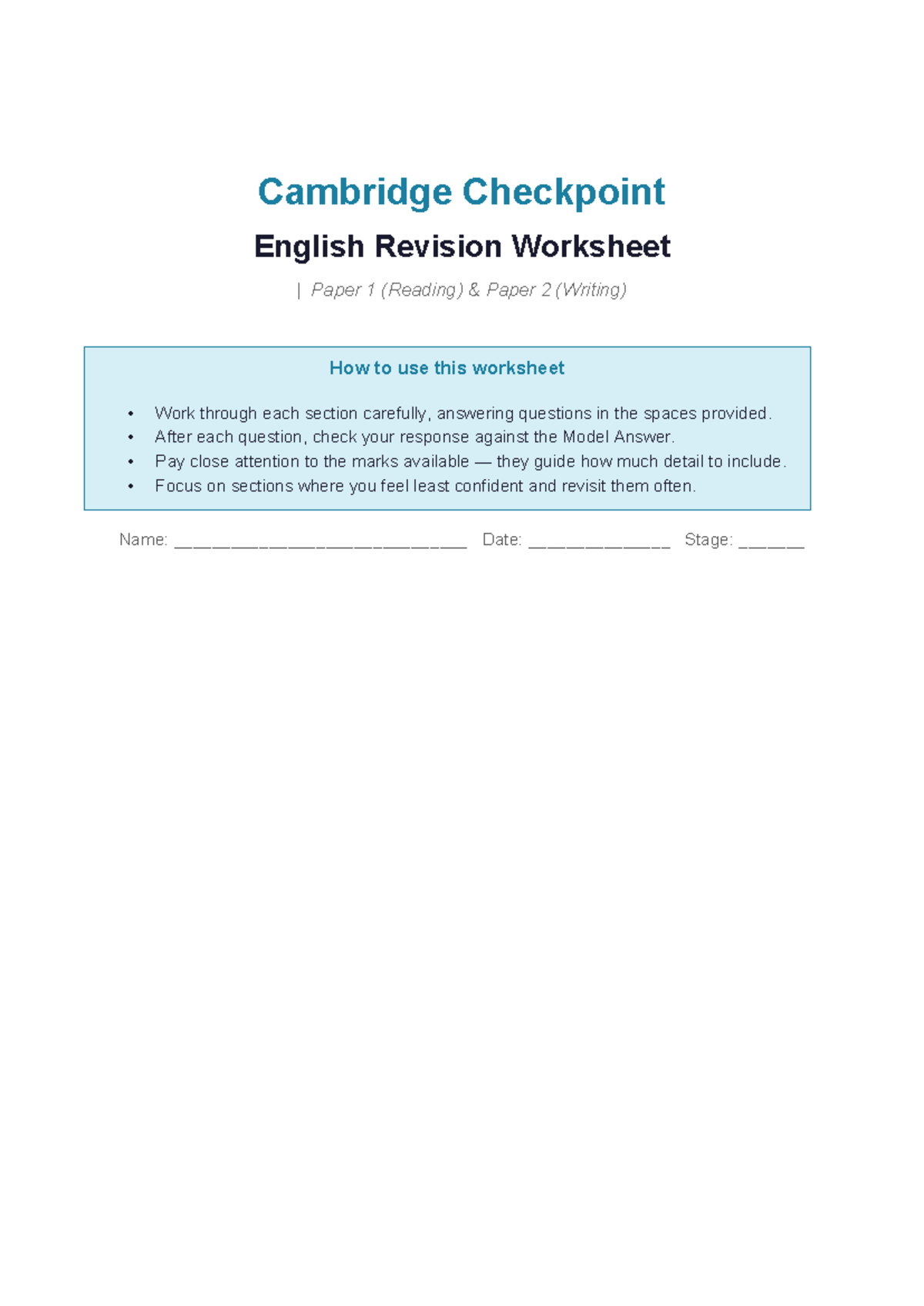 Cambridge Checkpoint English Revision Worksheet: Paper 1 & 2 Guide ...