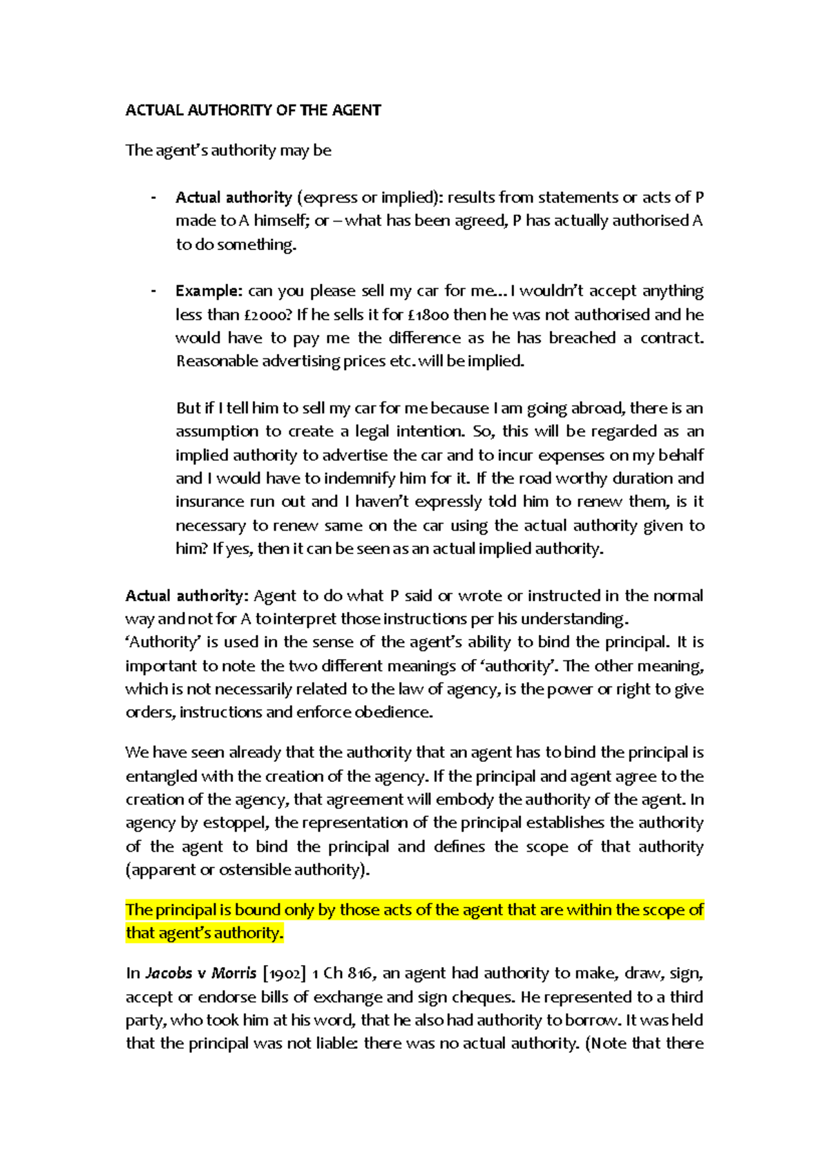 Week 2 Lecture Notes on Actual Authority in Agency Law - Studocu