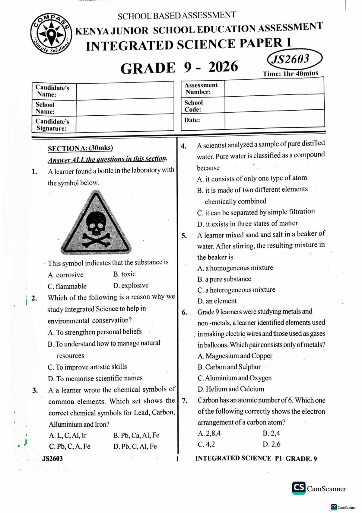 JS2603 INTEGRATED SCIENCE P1 GRADE 9 SCHOOL BASED ASSESSMENT 2026 - Studocu