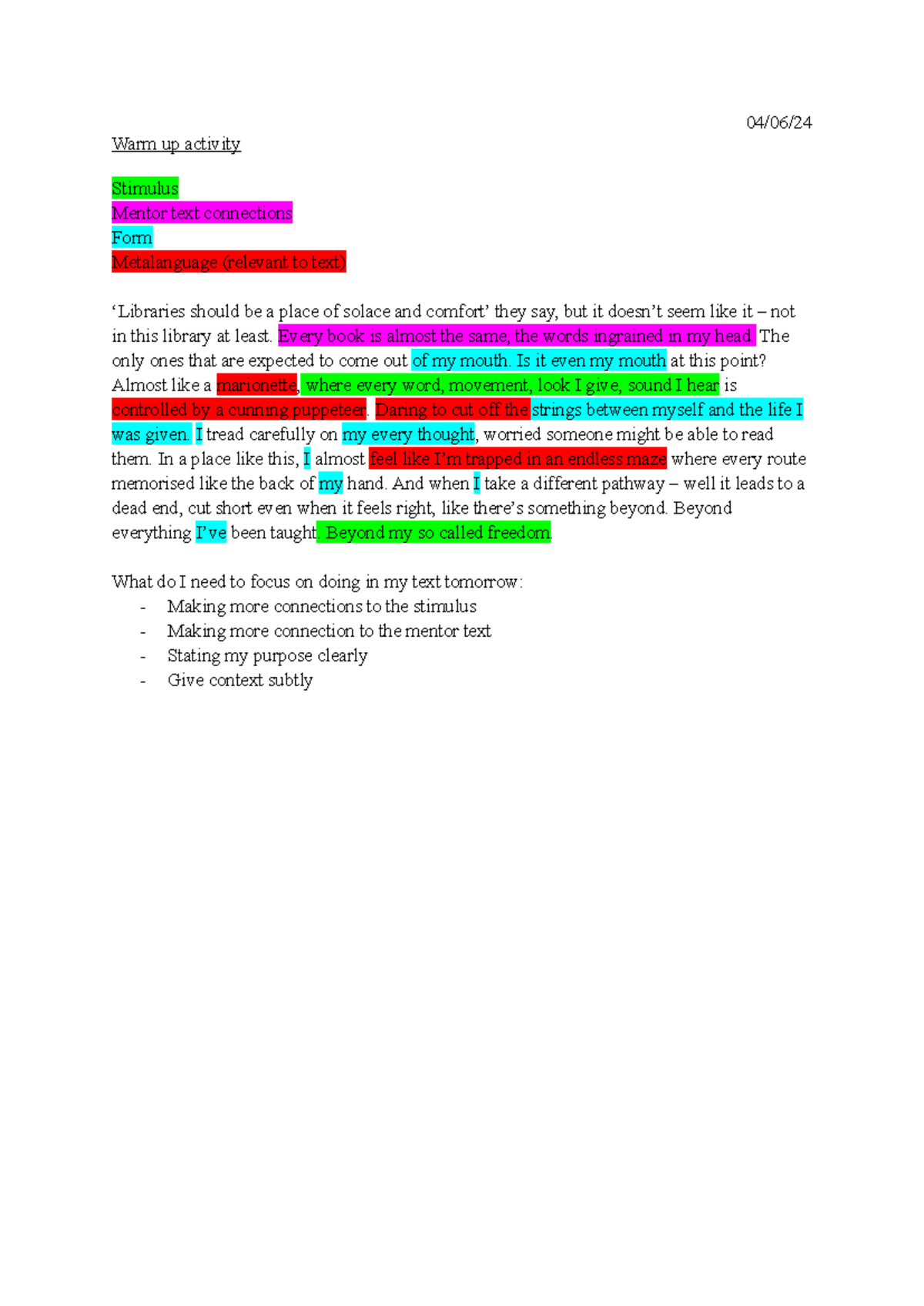 Crafting Text Practice for Exam: Mentor Text Connections - Studocu