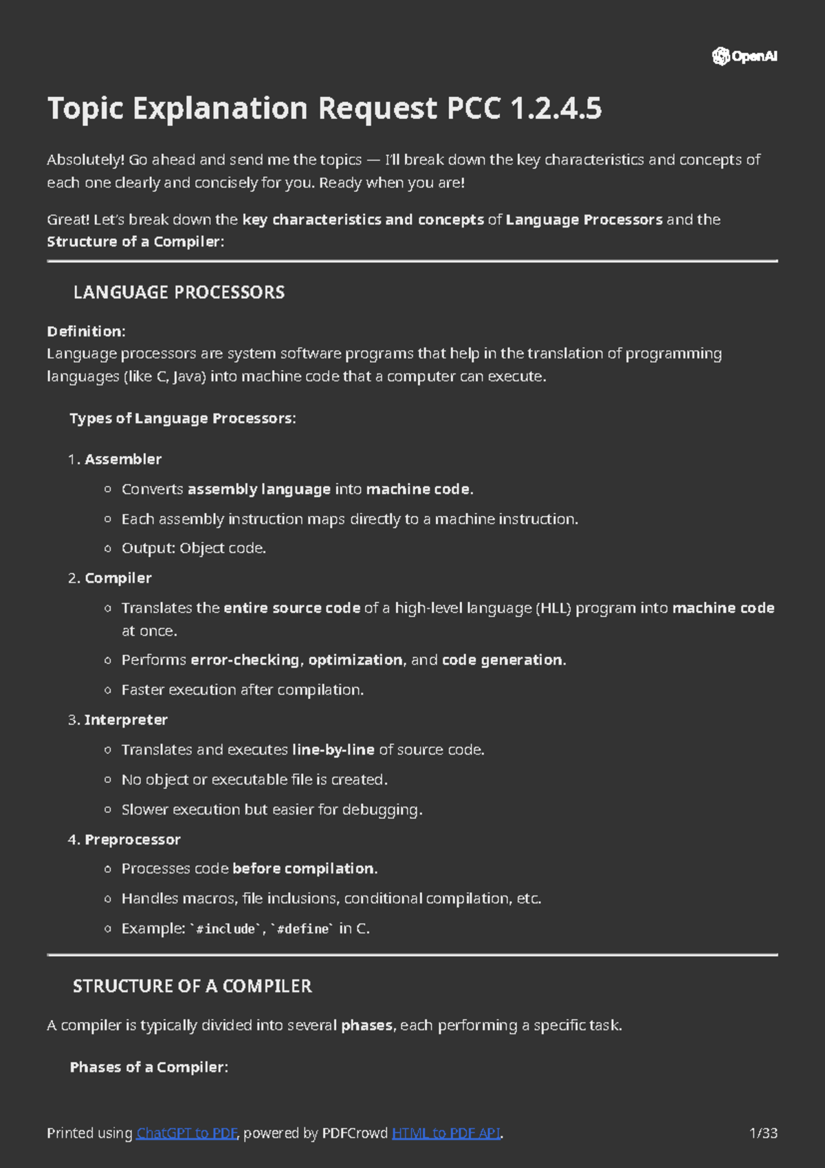 Topic Breakdown of Language Processors and Compiler Structure - PCC 1.2 ...