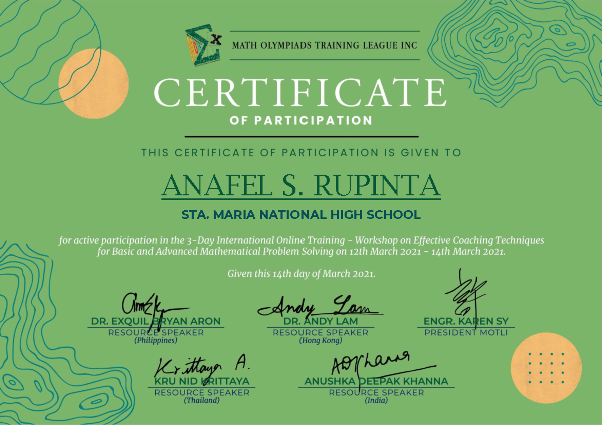 MATH OLYMPIADS TRAINING: Certificate of Participation for Anafel S ...