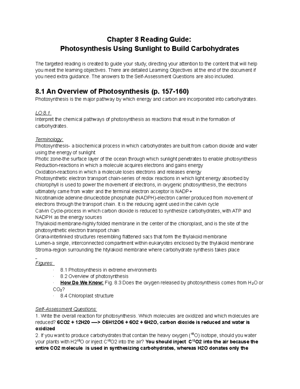 Final exam reading guide - Chapter 8 Reading Guide: Photosynthesis ...