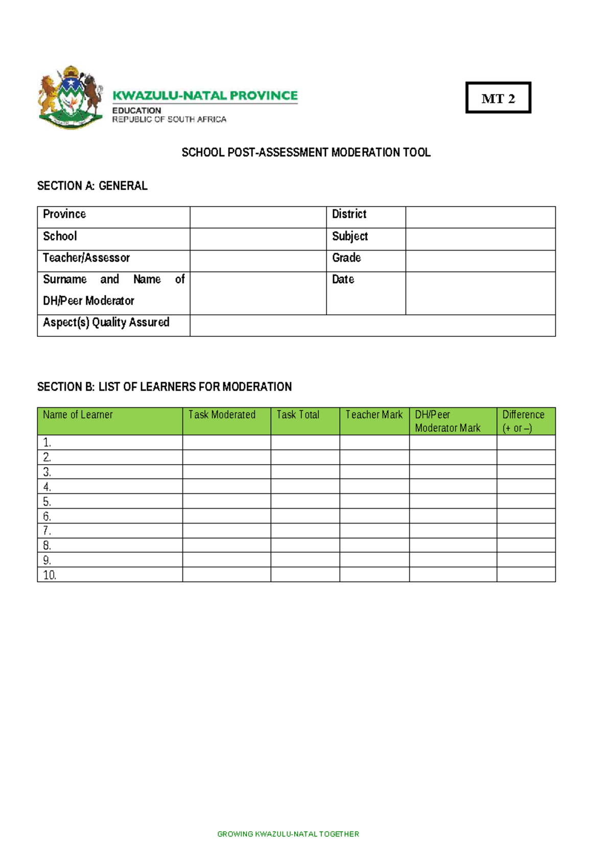 MT 2 - School Post Assessment Moderation Tool: General Overview - Studocu