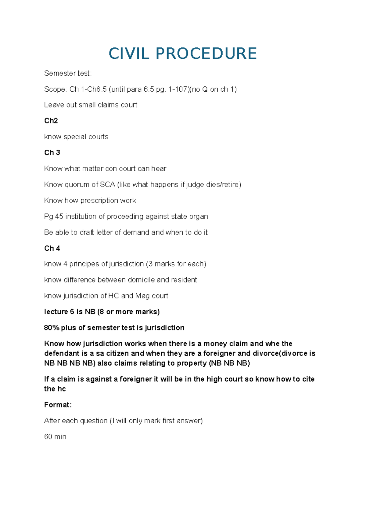 Civil procedure - Notes for semester test 1 - CIVIL PROCEDURE Semester ...
