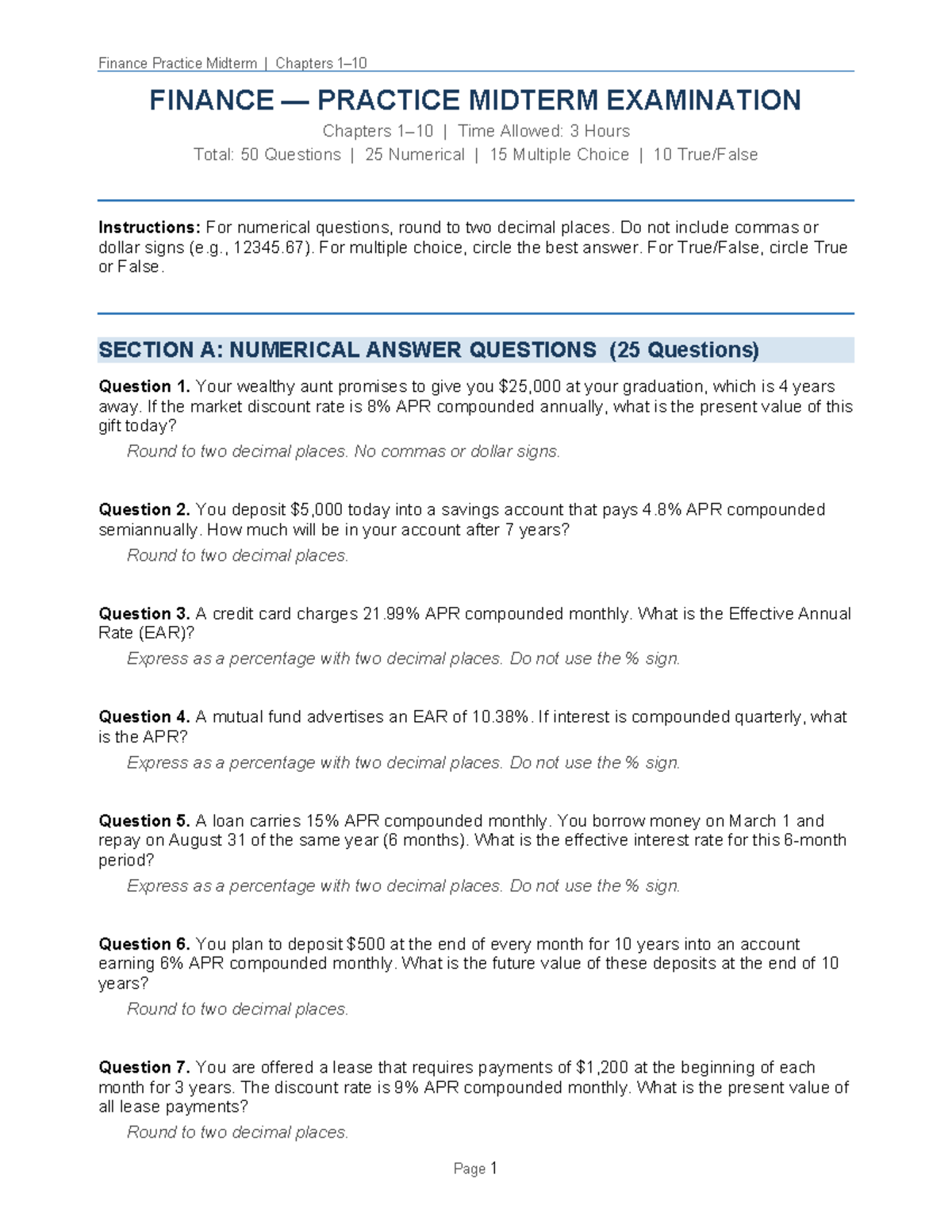Finance Practice Midterm Exam Review: Key Concepts & Questions - Studocu