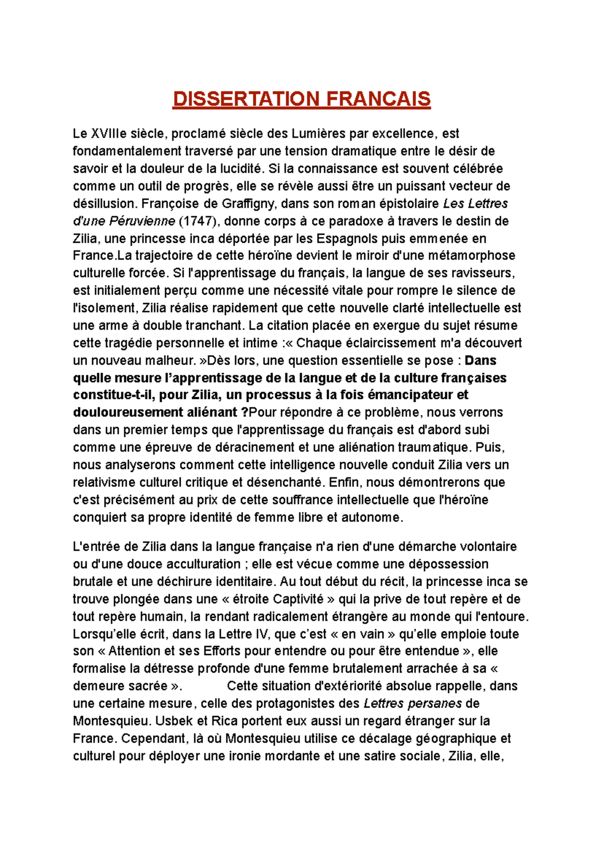 DISSERTATION FRANCAIS: Zilia et la Tension entre Savoir et Aliénation ...
