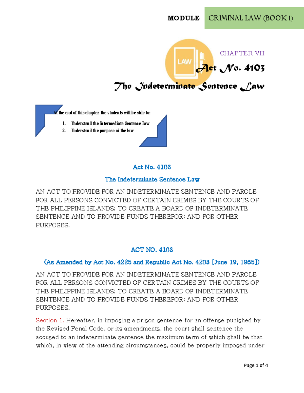 MODULE Criminal Law (Book 1) CHAPTER VII: The Indeterminate Sentence ...