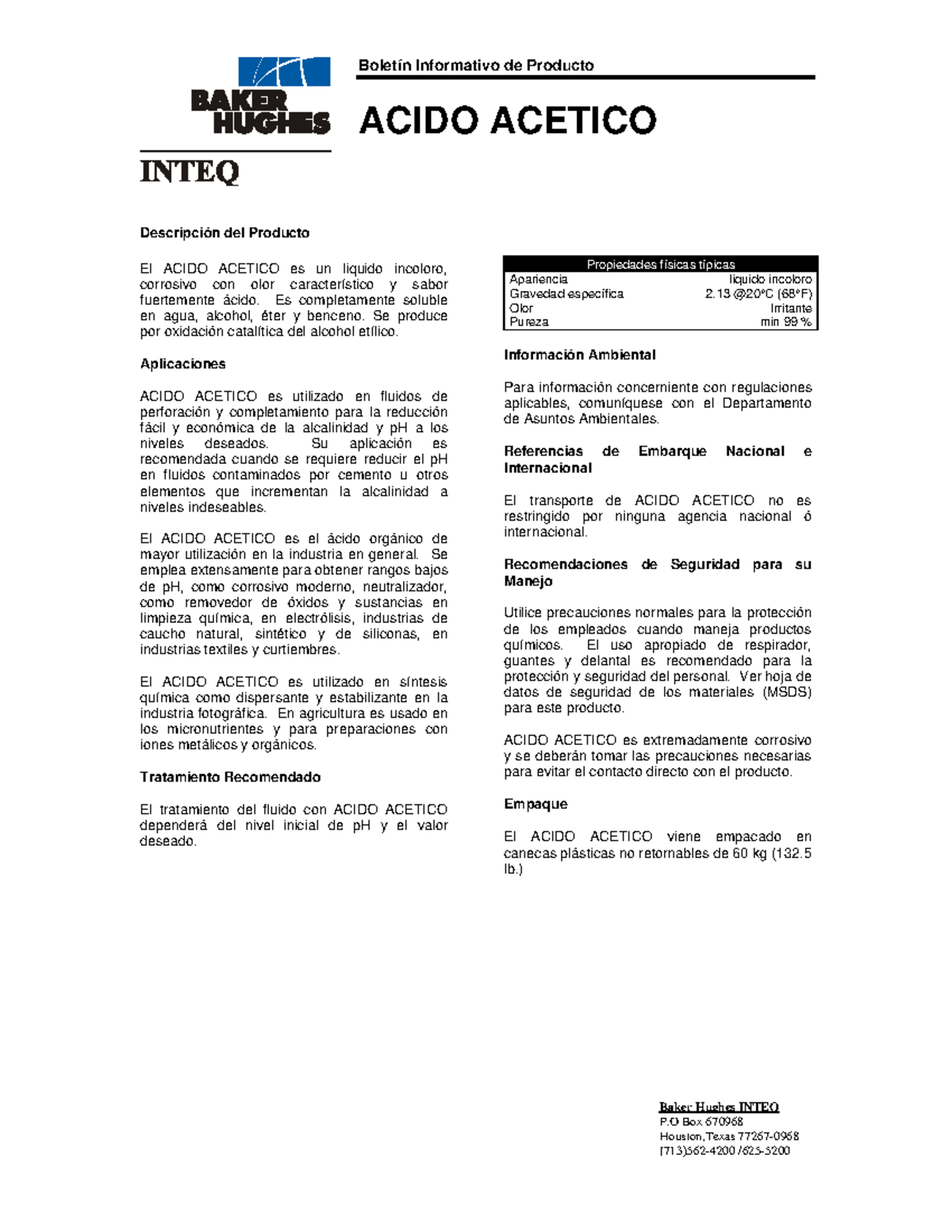Ácido Acetico Baker Hughes - Boletín Informativo de Producto ACIDO ...