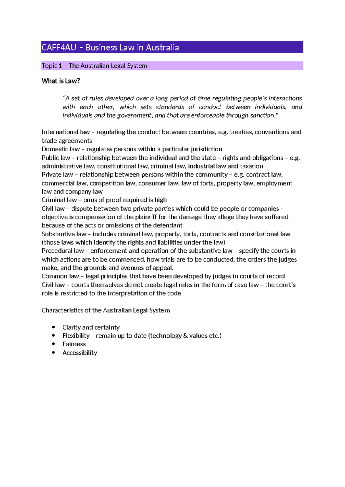 CAFF4AU Business Law in Australia: Comprehensive Course Notes Summary ...