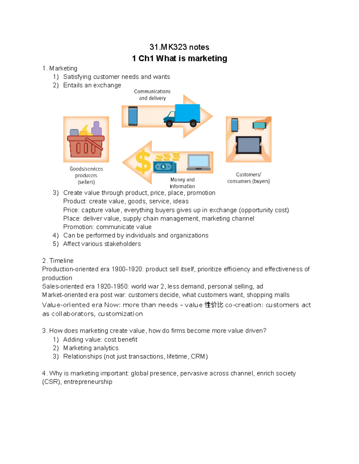 MK323 notes - 31 notes 1 Ch1 What is marketing Marketing Satisfying ...