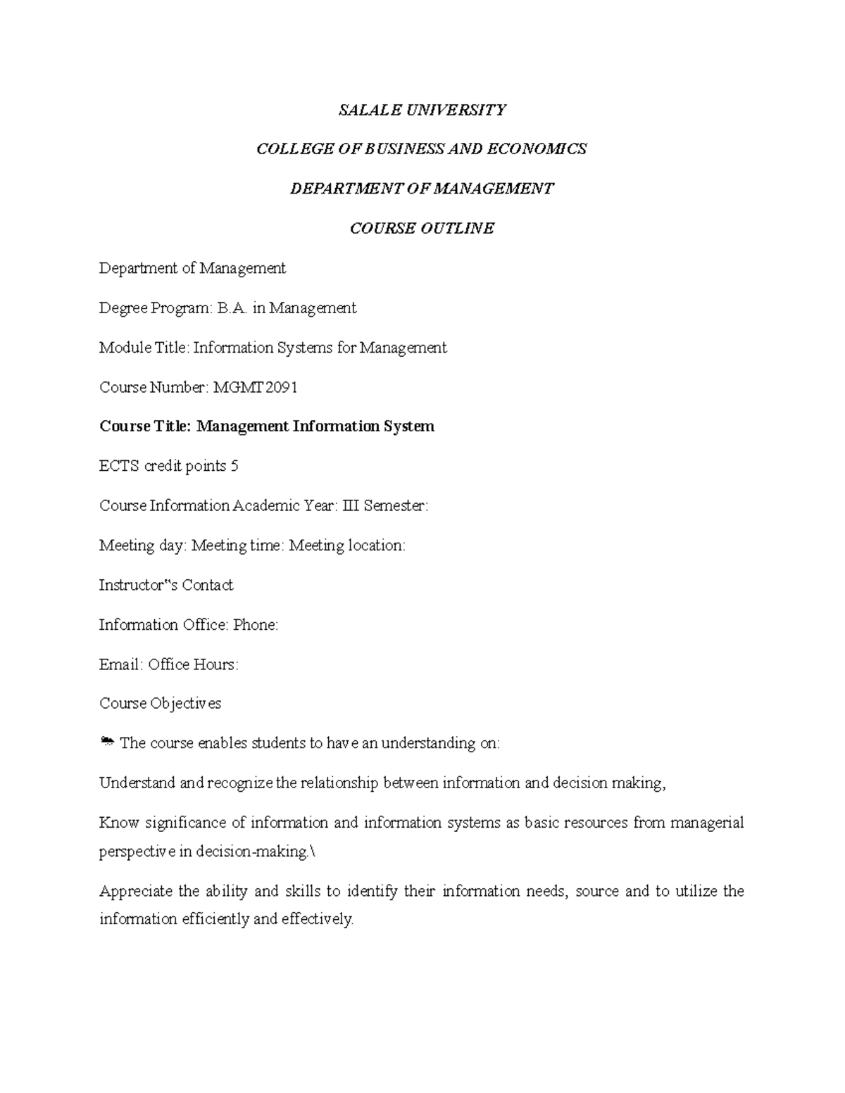 MGMT Course Outline: Information Systems for Management (B. in ...
