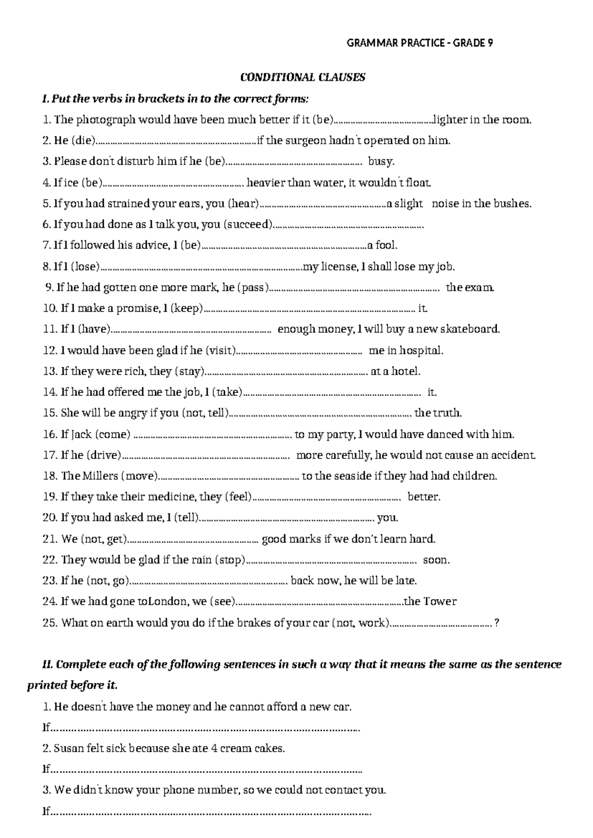 Conditional Clauses & Reported Speech Exercises - Grade 9 - Studocu