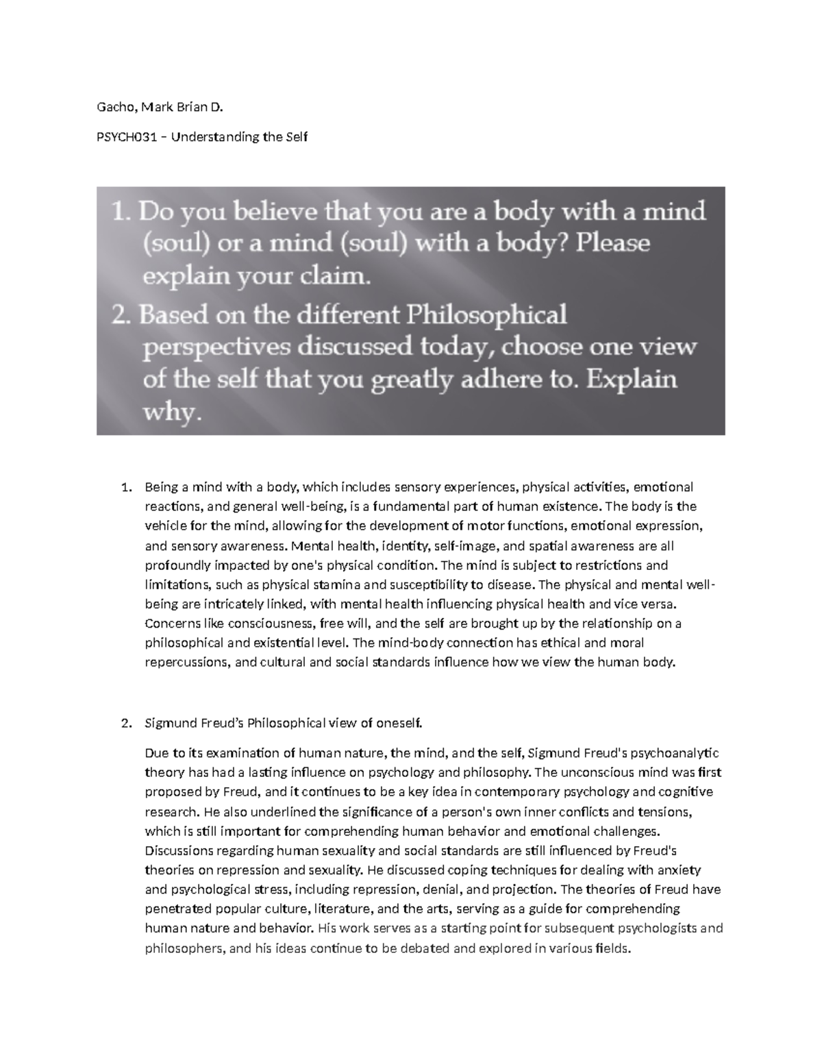 Psych summaries - Gacho, Mark Brian D. PSYCH031 – Understanding the ...
