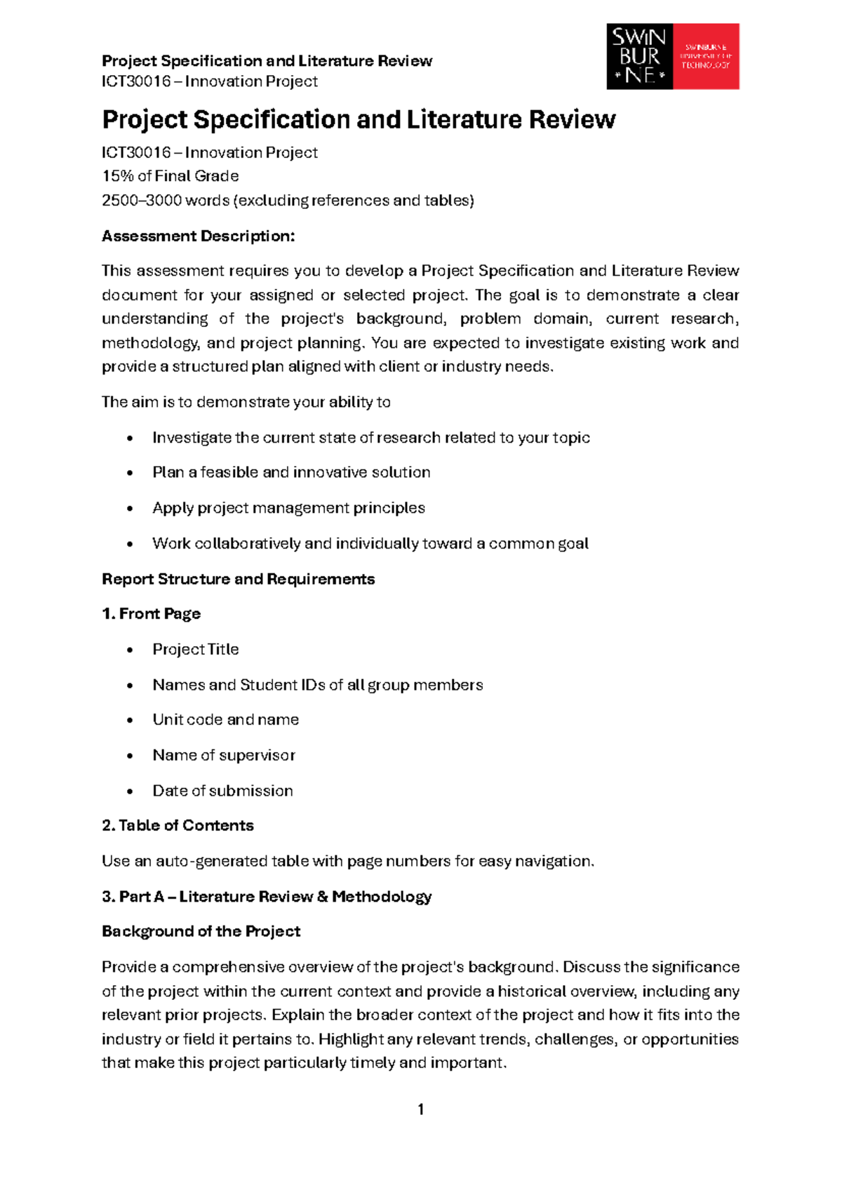 Project Specification & Literature Review for ICT30016 Innovation ...