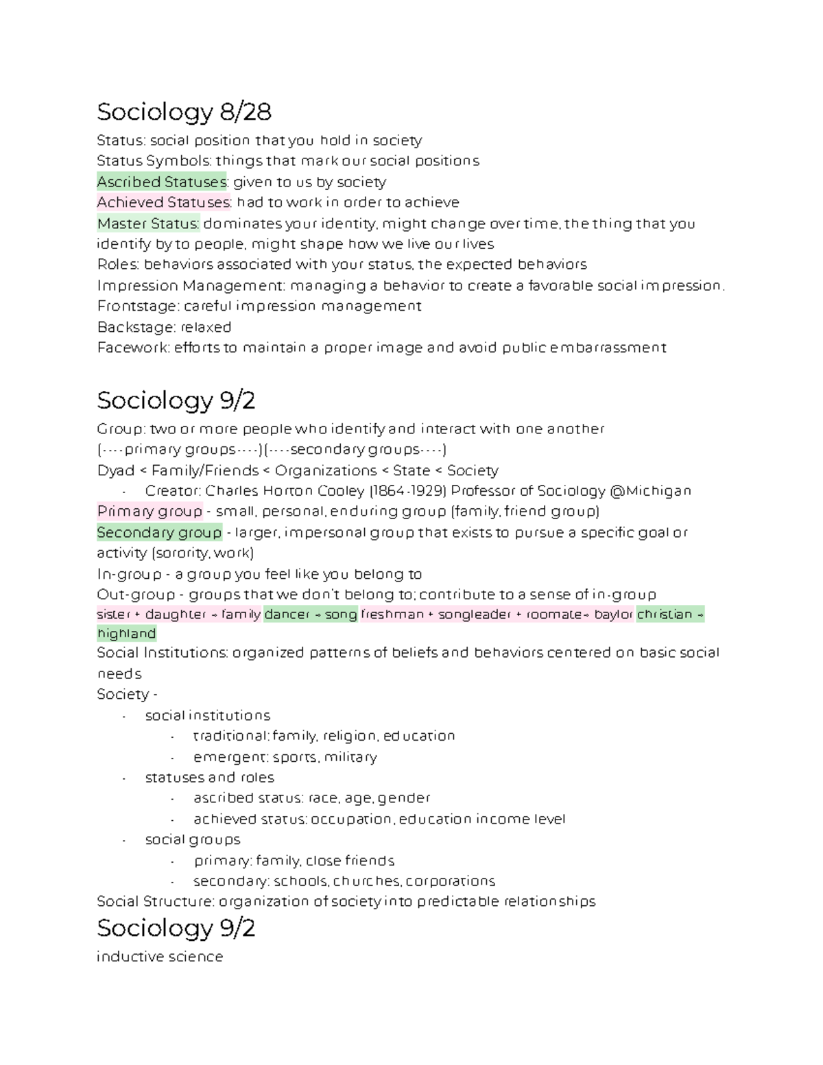 Sociology 9/23 Final Exam Review Notes on Social Status and Culture ...
