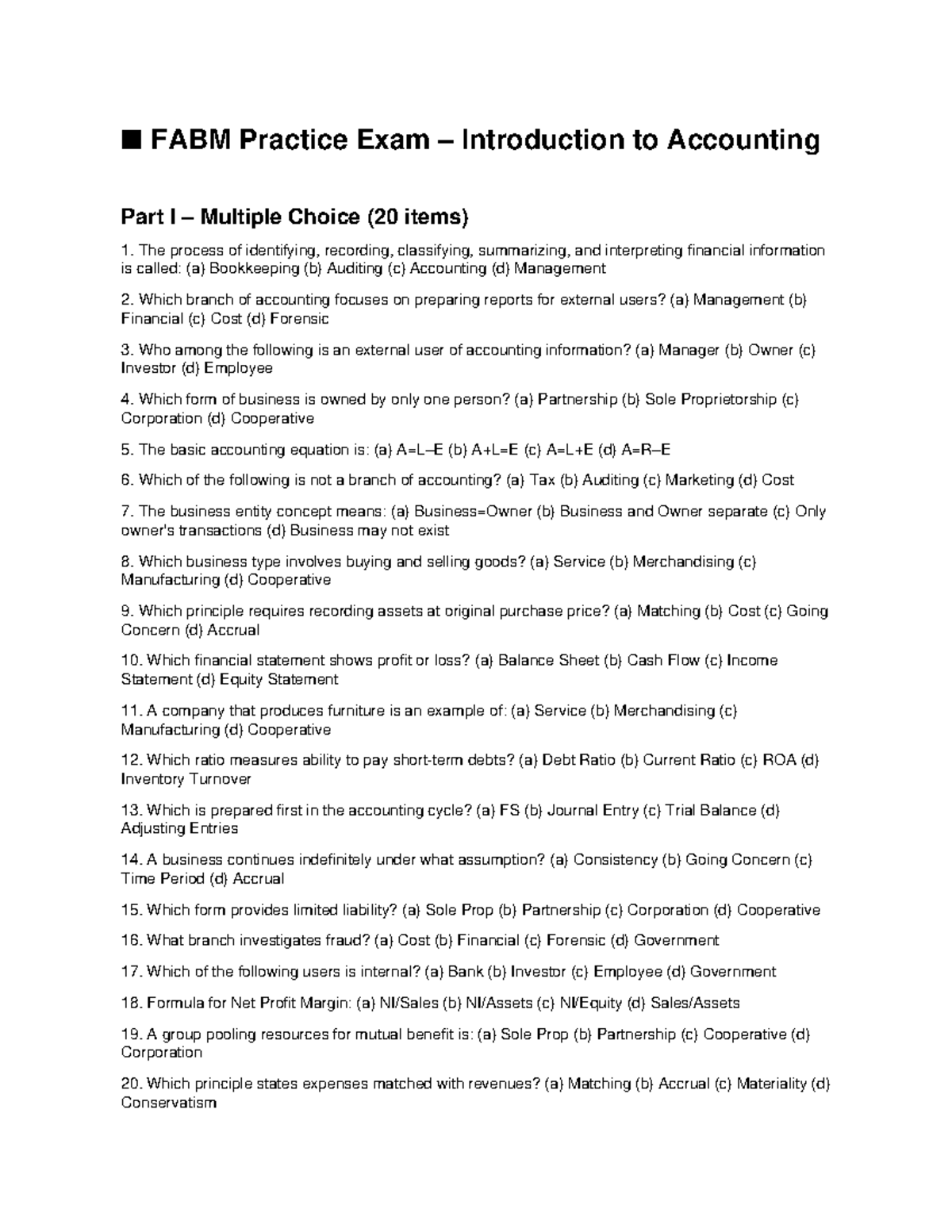 FABM Practice Exam - Intro to Accounting MCQs & T/F Questions - Studocu