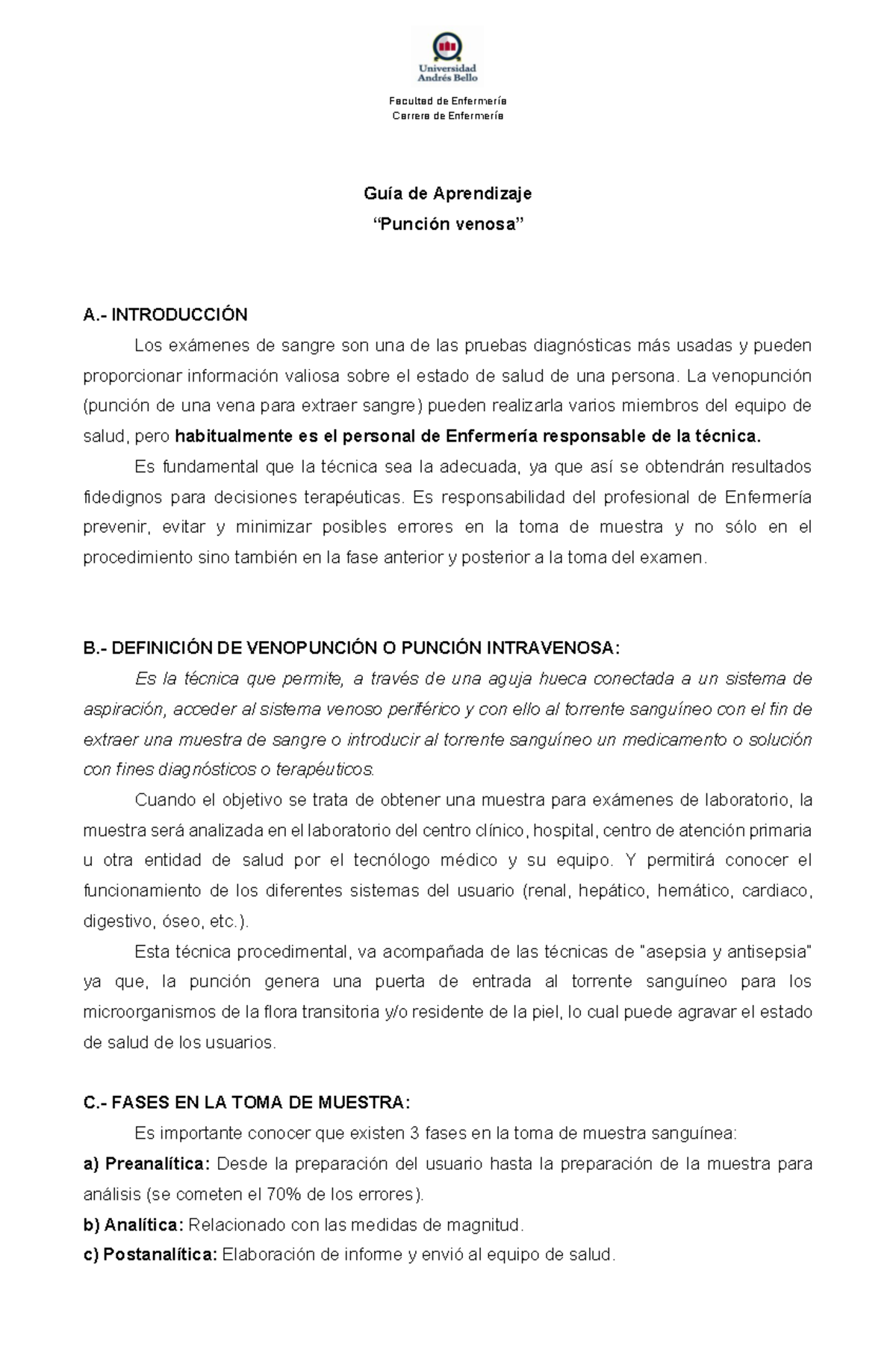 Guía de Aprendizaje: Venopunción en la Carrera de Enfermería - Studocu