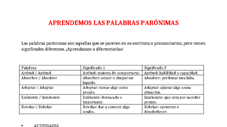 APRENDEMOS LAS PALABRAS PARÓNIMAS: Ficha de Actividades - Studocu
