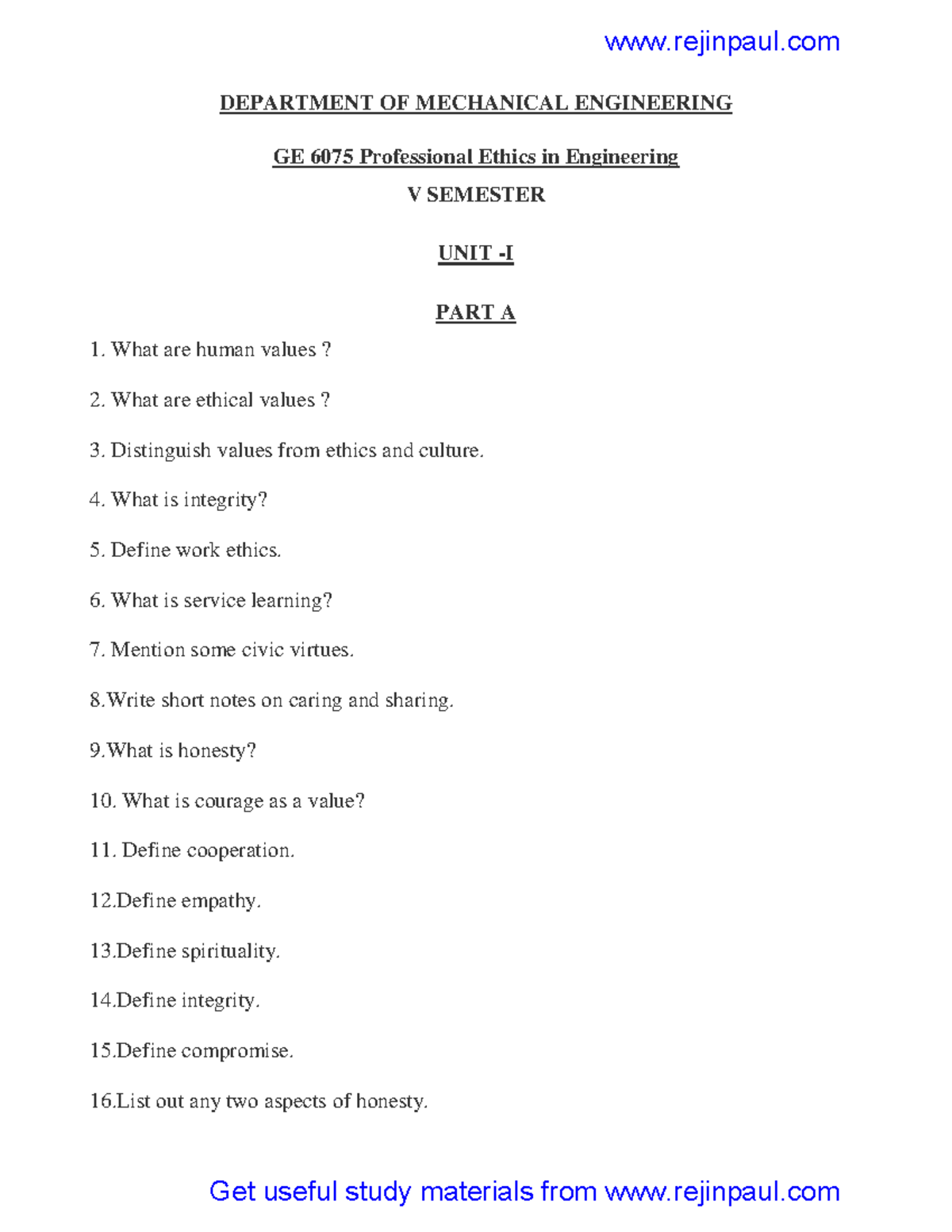 GE6075 - Comprehensive Study Notes on Professional Ethics in ...
