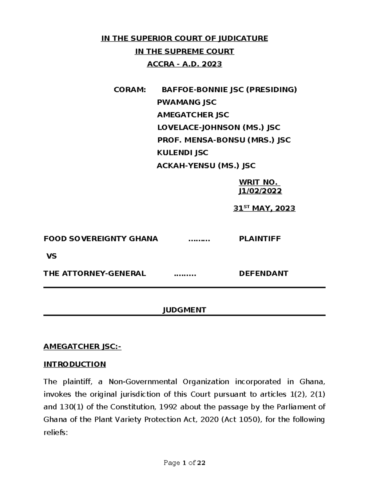 FOOD SOVEREIGNTY GHANA VS ATTORNEY GENERAL: JUDGMENT ON ACT 1050 - Studocu