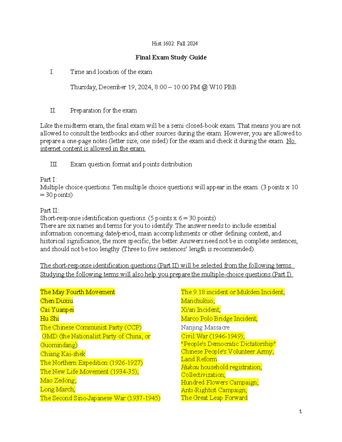Final Exam study guide - Hist:1602: Fall 2024 Final Exam Study Guide I ...