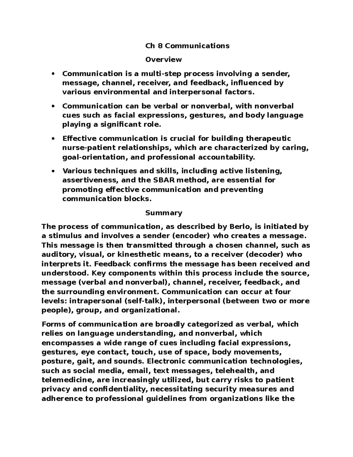 Ch 8 Comm Overview: Effective Communication in Nursing - Studocu