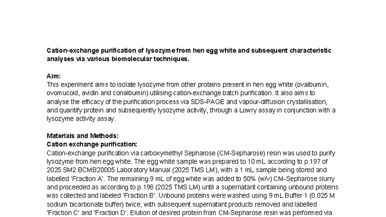 Purification of Lysozyme from Hen Egg White: Assignment 3 (2025 TMS LM ...