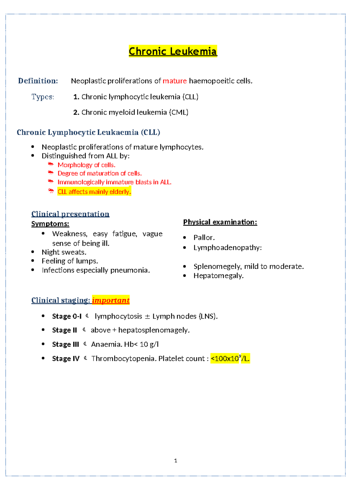 Lecture (20) Overview of Chronic Leukemia: CLL & CML Explained - Studocu