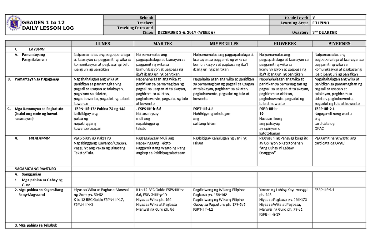 469239432 DLL Filipino 5 Q3 W6 - GRADES 1 to 12 DAILY LESSON LOG School ...