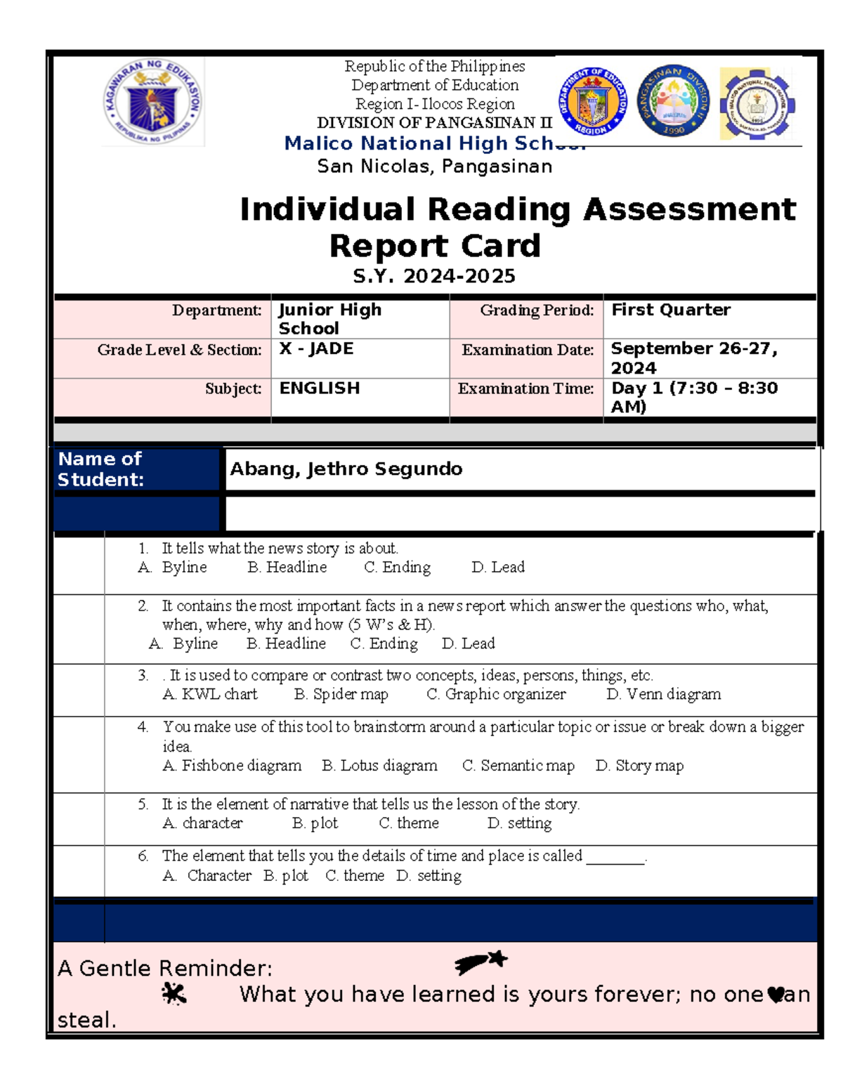 Reading performance report card - Republic of the Philippines ...