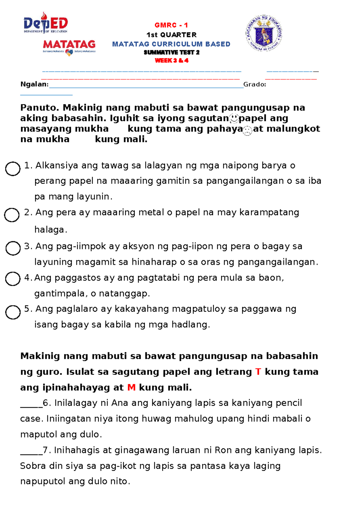 GMRC 1 1st Qtr Summative Test 2 (Weeks 3 & 4) Instructions - Studocu