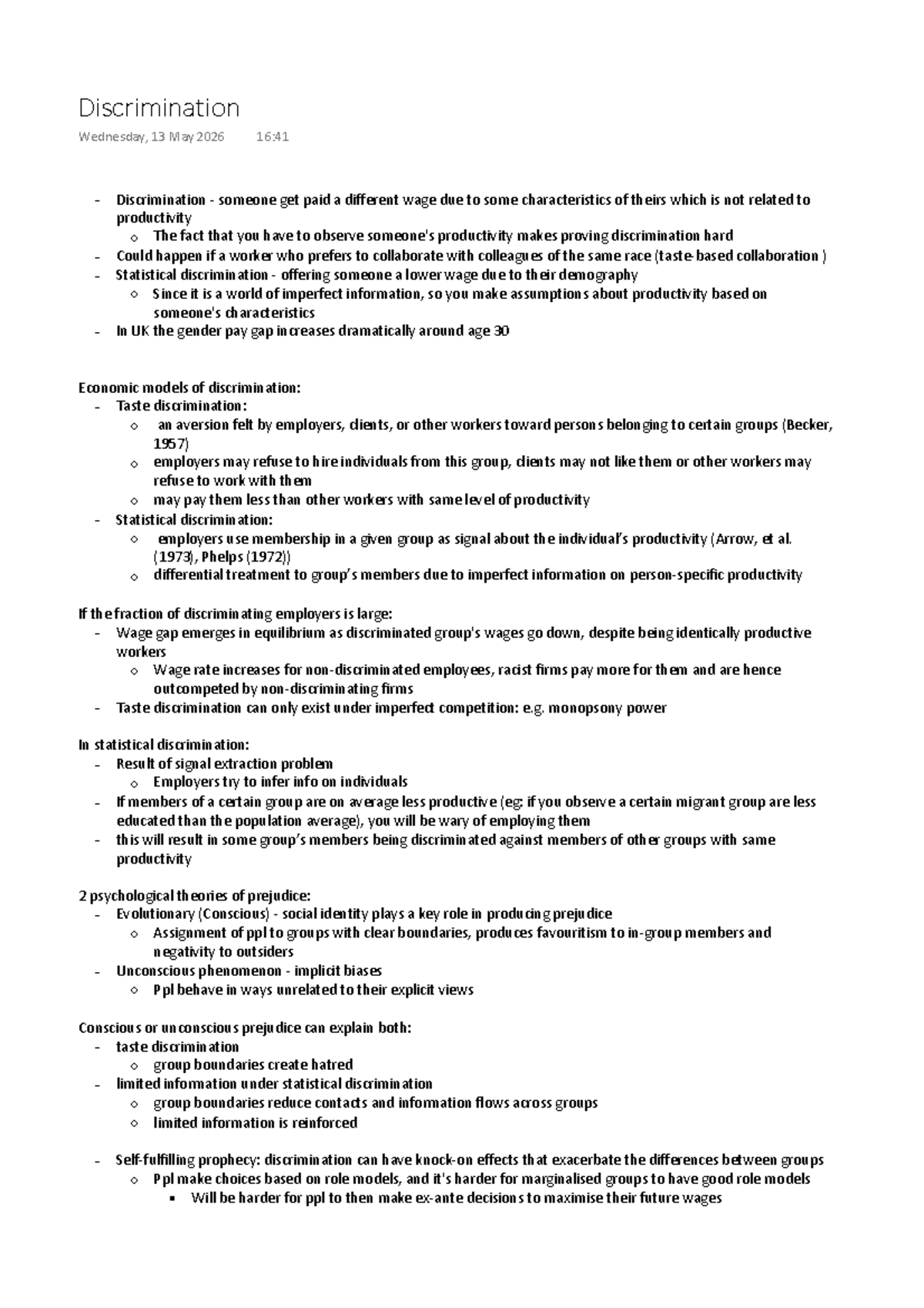 Economic Models of Discrimination: Analysis and Insights - Studocu