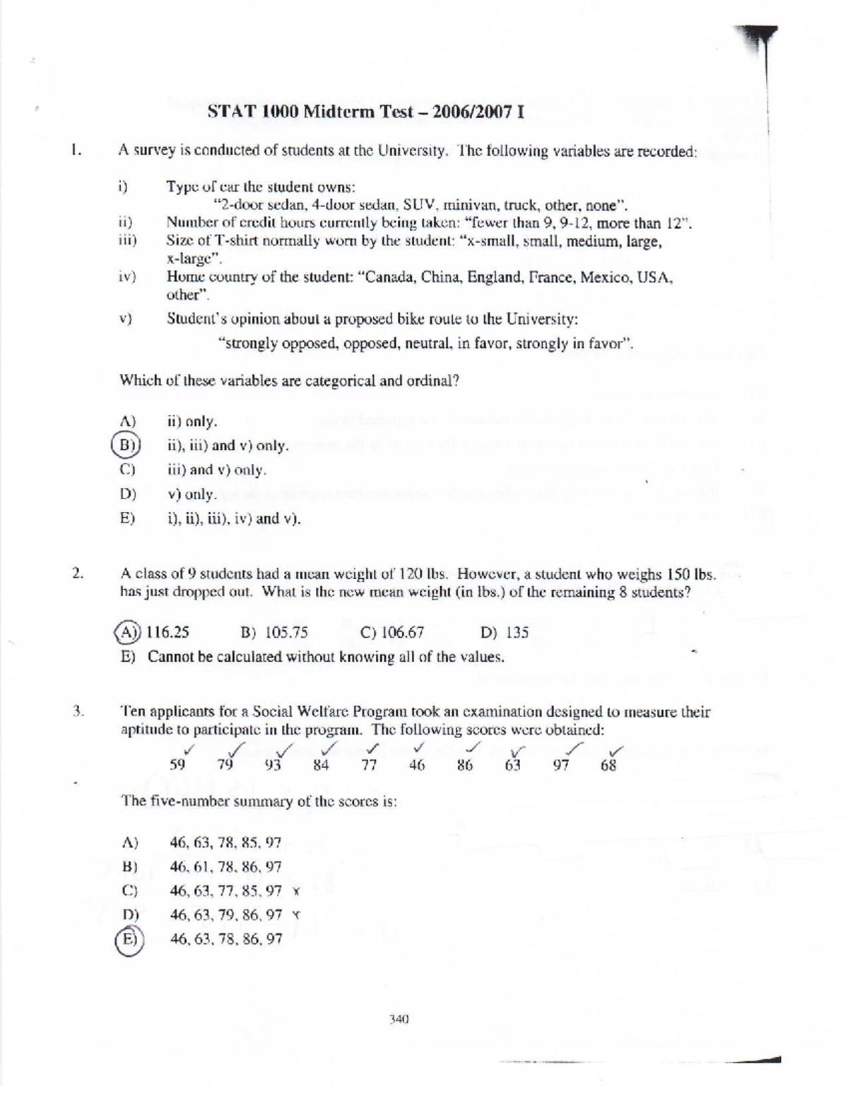 STAT 1000 Midterm Test 1 Questions & Answers (2006-07) - Studocu